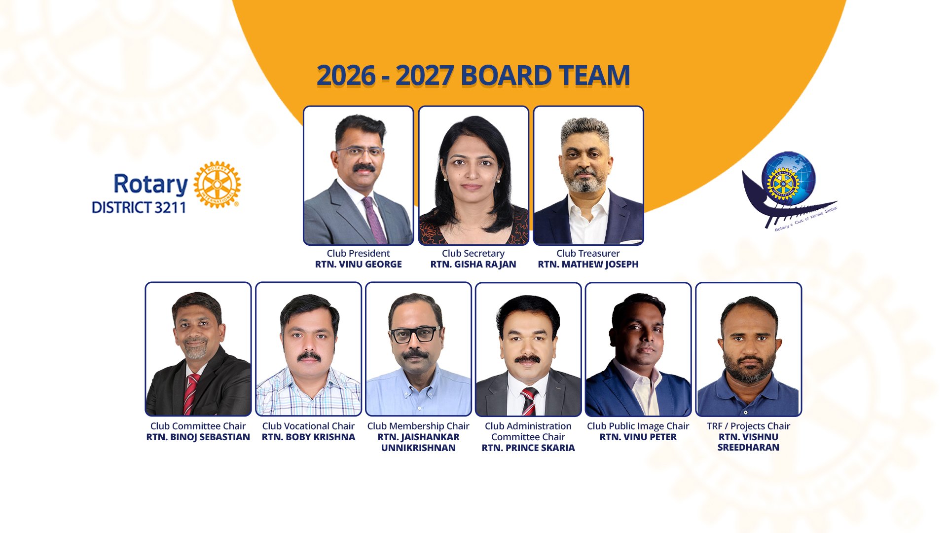 The 2026–27 Board of the Rotary e-Club of Kerala Global